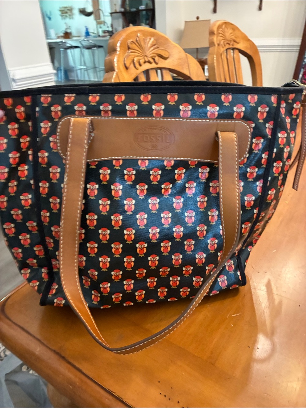 Fossil Black Tote with Red Owl Print and Brown Trim